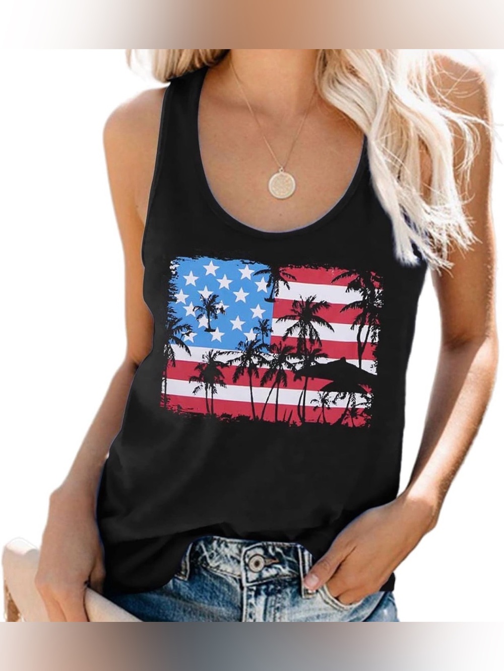 Patriotic Palm Tree Graphic Tee - Black with Red, White & Blue